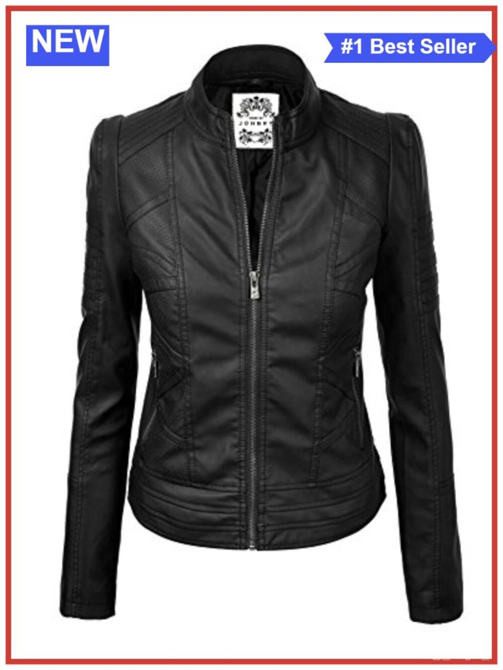 Faux Leather Zip Up Moto Biker Jacket With Stitching Detail